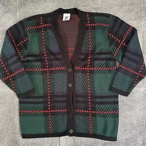 Women's Vintage 80's Maggie Lawrence Plaid Blue Green Cardigan Sweater Sz L 90s